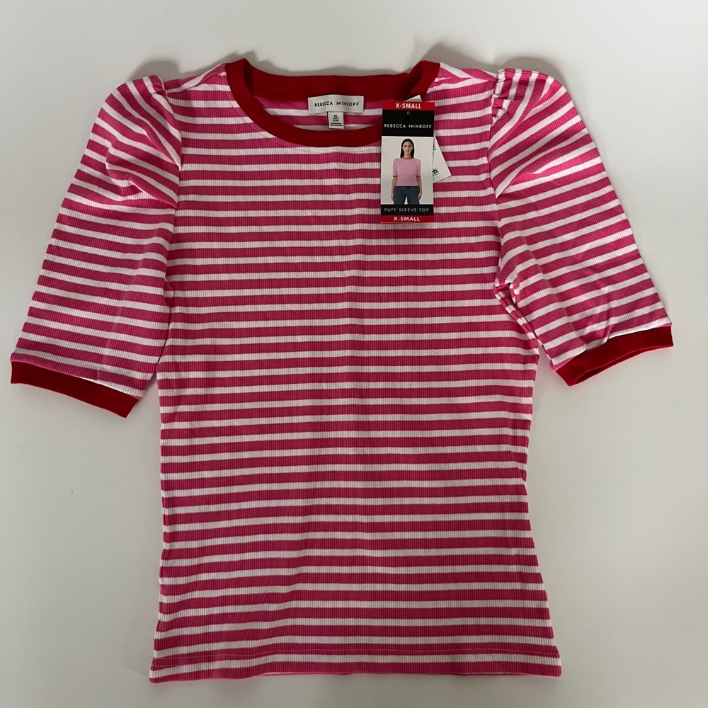 Rebecca Minkoff Pink White Striped Puff Sleeve Ribbed Knit Top XS NWT
